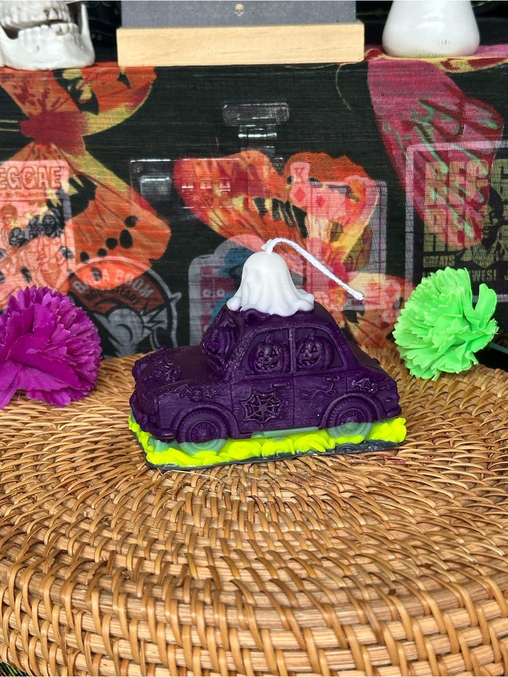 Handmade Halloween Ghost Car Candle – Purple, White & Neon Green